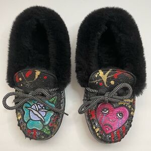 Minnetonka Handmade Custom Sheep Fur Lined Slippers Trail of Tears Art Women’s 5